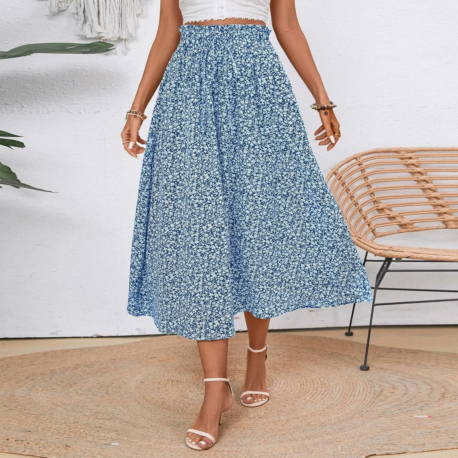 Palaver Long Skirt for Women Summer Floral Tiered Elastic High Waisted Maxi Skirts Vacation A-Line Flowy Swing Boho Skirts