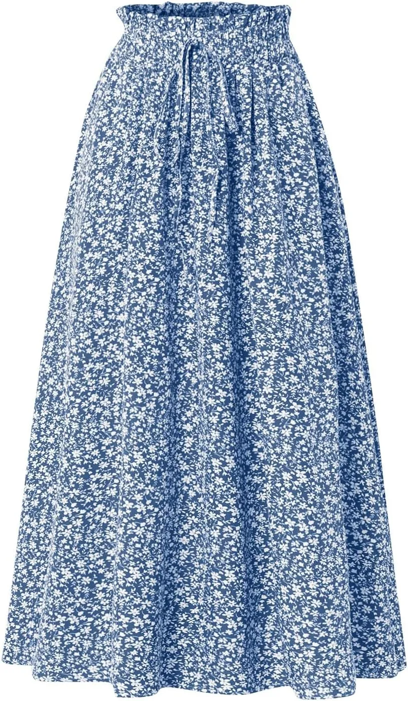 Palaver Long Skirt for Women Summer Floral Tiered Elastic High Waisted Maxi Skirts Vacation A-Line Flowy Swing Boho Skirts