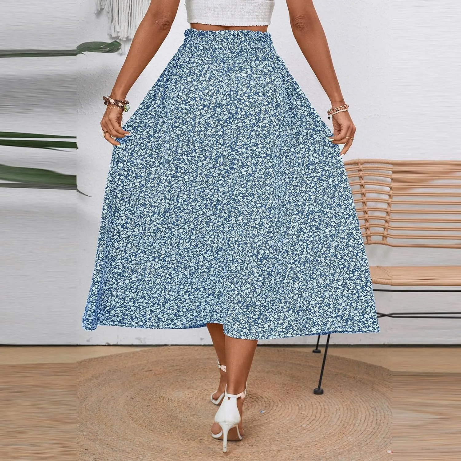 Palaver Long Skirt for Women Summer Floral Tiered Elastic High Waisted Maxi Skirts Vacation A-Line Flowy Swing Boho Skirts