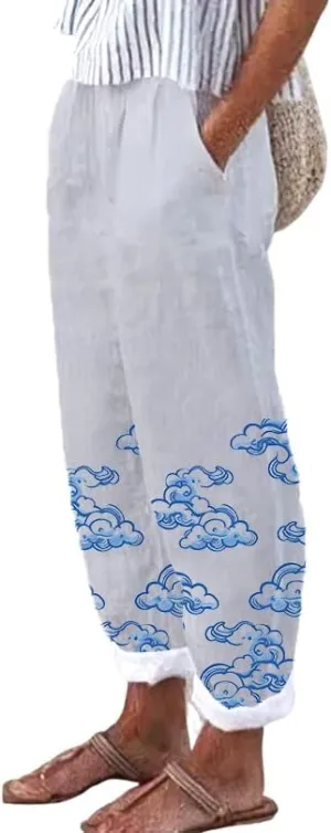 Pants for Women 2024 Summer Casual Oversized Floral Elastic Waist Pants Beach Trousers with Pocket