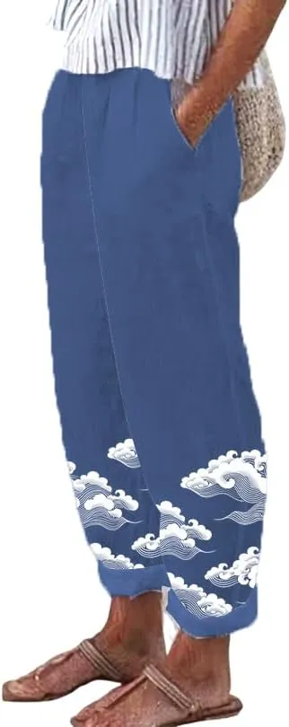 Pants for Women 2024 Summer Casual Oversized Floral Elastic Waist Pants Beach Trousers with Pocket