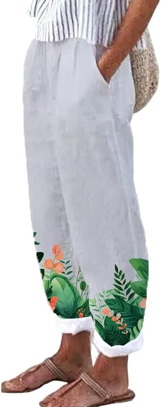 Pants for Women 2024 Summer Casual Oversized Floral Elastic Waist Pants Beach Trousers with Pocket
