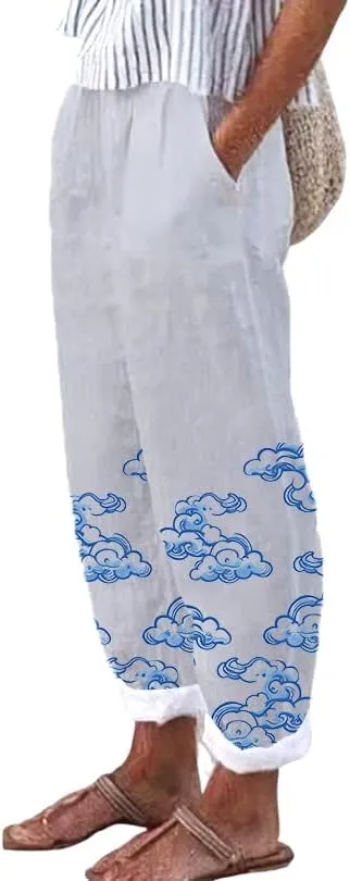Pants for Women 2024 Summer Casual Oversized Floral Elastic Waist Pants Beach Trousers with Pocket