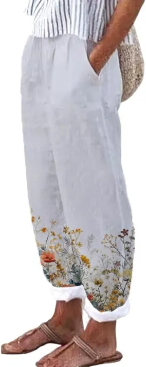 Pants for Women 2024 Summer Casual Oversized Floral Elastic Waist Pants Beach Trousers with Pocket