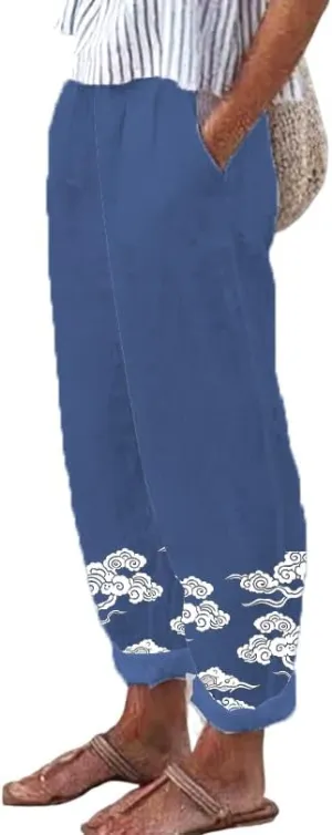 Pants for Women 2024 Summer Casual Oversized Floral Elastic Waist Pants Beach Trousers with Pocket