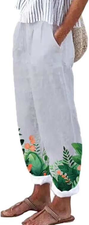 Pants for Women 2024 Summer Casual Oversized Floral Elastic Waist Pants Beach Trousers with Pocket