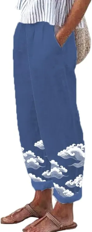 Pants for Women 2024 Summer Casual Oversized Floral Elastic Waist Pants Beach Trousers with Pocket