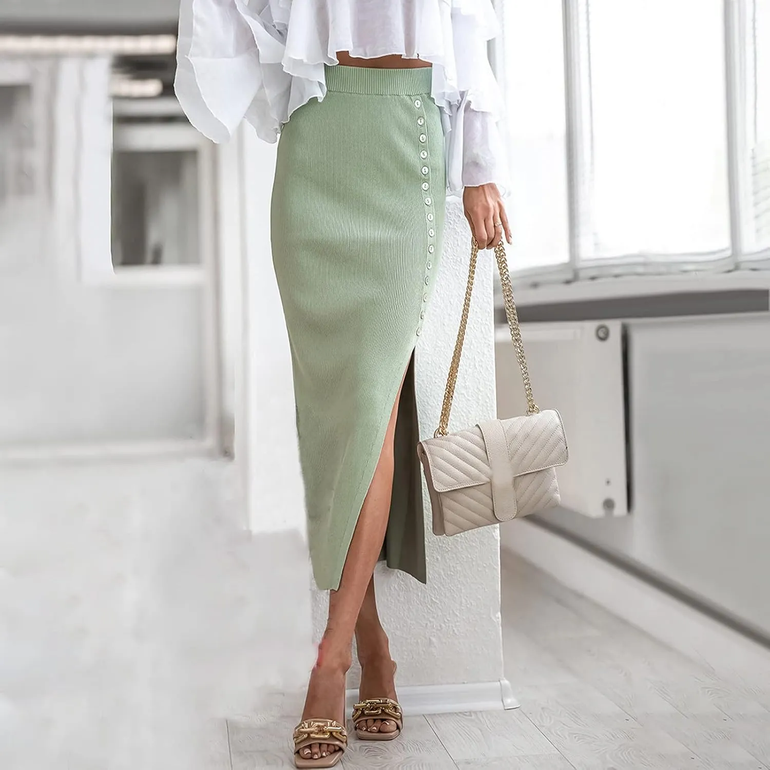 Pencil Skirt for Women Rib Knit Midi Skirt with Split High Waisted Bodycon Skirt Stretch Long Skirt Business Skirts