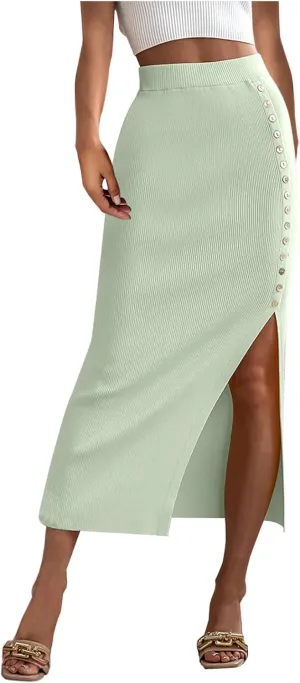 Pencil Skirt for Women Rib Knit Midi Skirt with Split High Waisted Bodycon Skirt Stretch Long Skirt Business Skirts