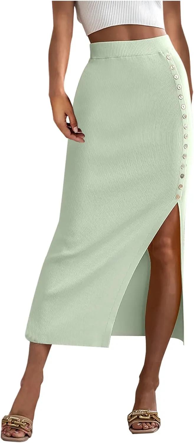 Pencil Skirt for Women Rib Knit Midi Skirt with Split High Waisted Bodycon Skirt Stretch Long Skirt Business Skirts