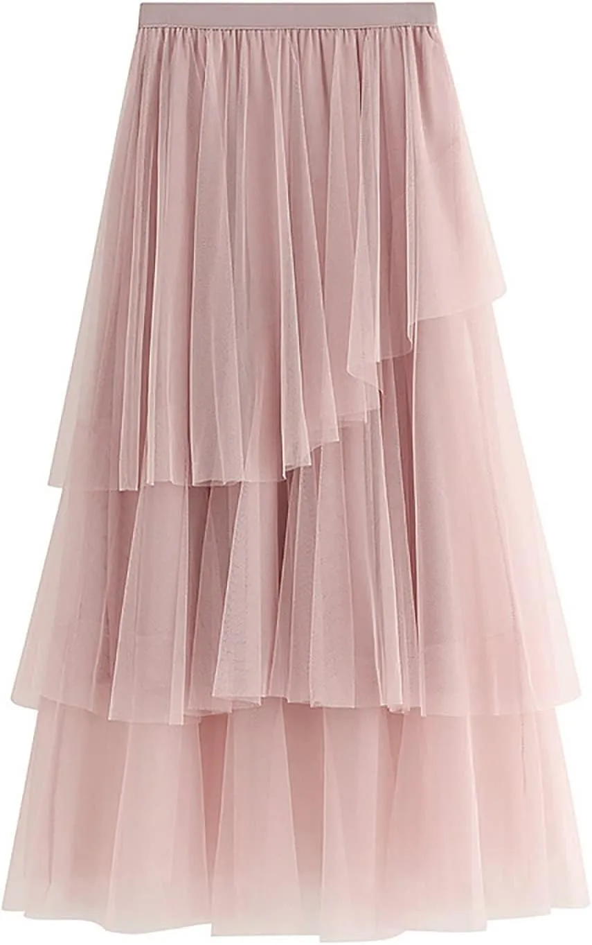 Pleated Mesh Skirts for Women High Waisted Multi-Layer Long Maxi Skirt Flowy Cute Tulle Going Out Work Cake Skirts
