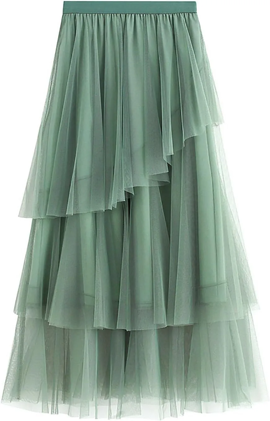 Pleated Mesh Skirts for Women High Waisted Multi-Layer Long Maxi Skirt Flowy Cute Tulle Going Out Work Cake Skirts