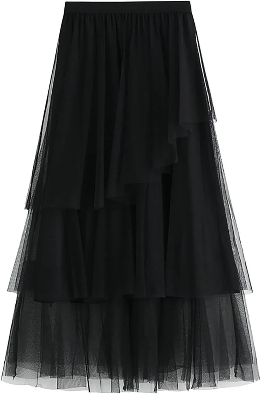 Pleated Mesh Skirts for Women High Waisted Multi-Layer Long Maxi Skirt Flowy Cute Tulle Going Out Work Cake Skirts