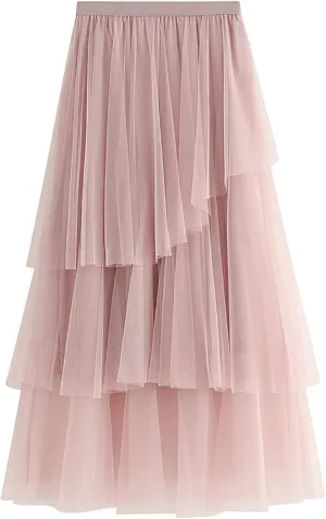 Pleated Mesh Skirts for Women High Waisted Multi-Layer Long Maxi Skirt Flowy Cute Tulle Going Out Work Cake Skirts