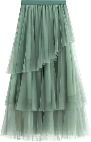 Pleated Mesh Skirts for Women High Waisted Multi-Layer Long Maxi Skirt Flowy Cute Tulle Going Out Work Cake Skirts
