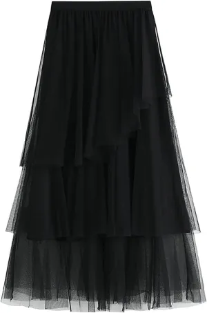 Pleated Mesh Skirts for Women High Waisted Multi-Layer Long Maxi Skirt Flowy Cute Tulle Going Out Work Cake Skirts
