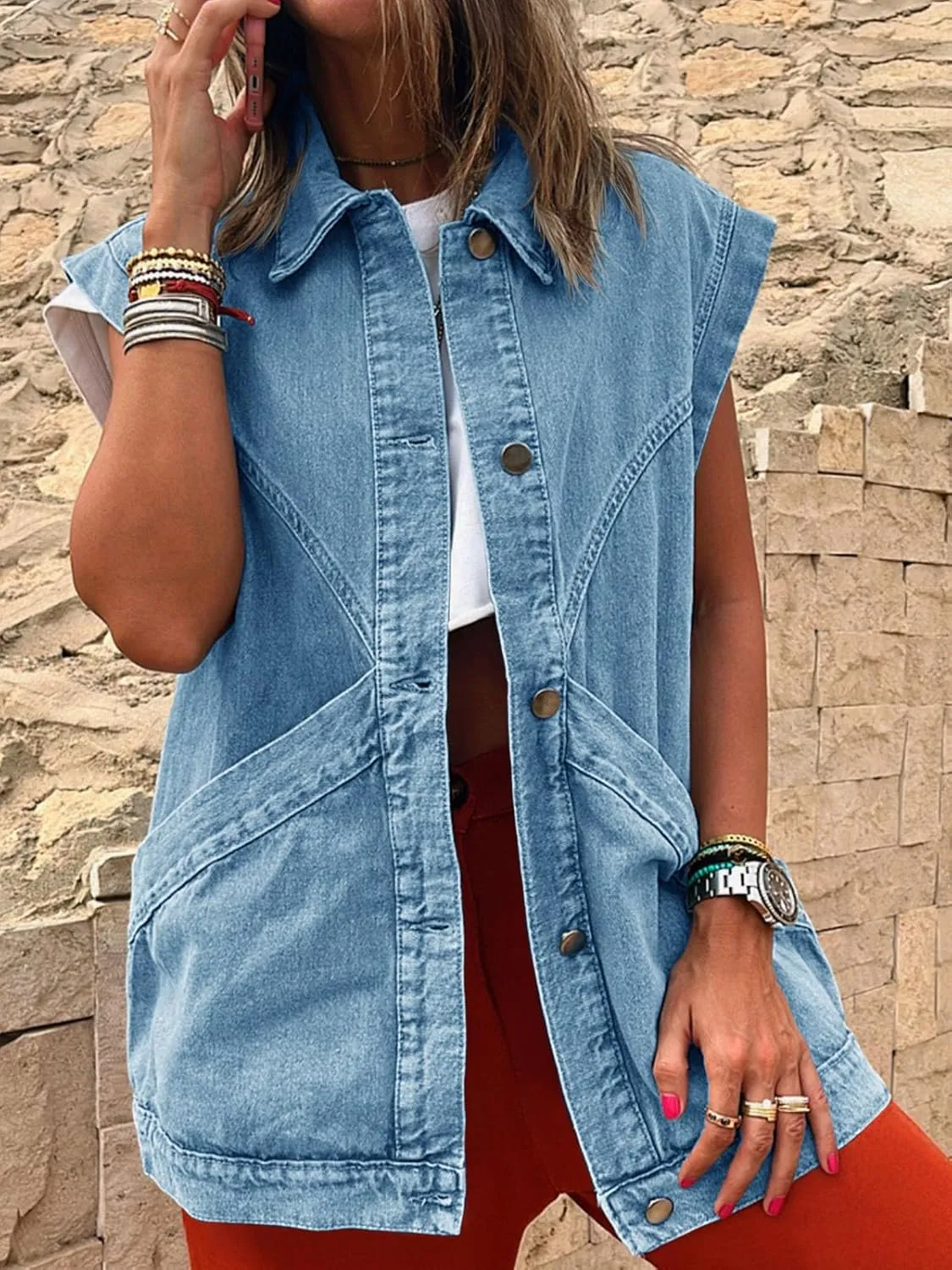PLNOTME Womens Oversized Sleeveless Denim Vest Classic Button Down Jean Vest Casual Utility Lapel Jean Jacket