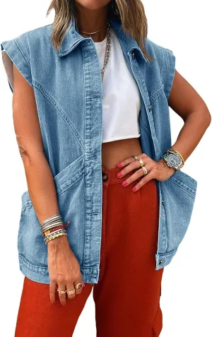PLNOTME Womens Oversized Sleeveless Denim Vest Classic Button Down Jean Vest Casual Utility Lapel Jean Jacket