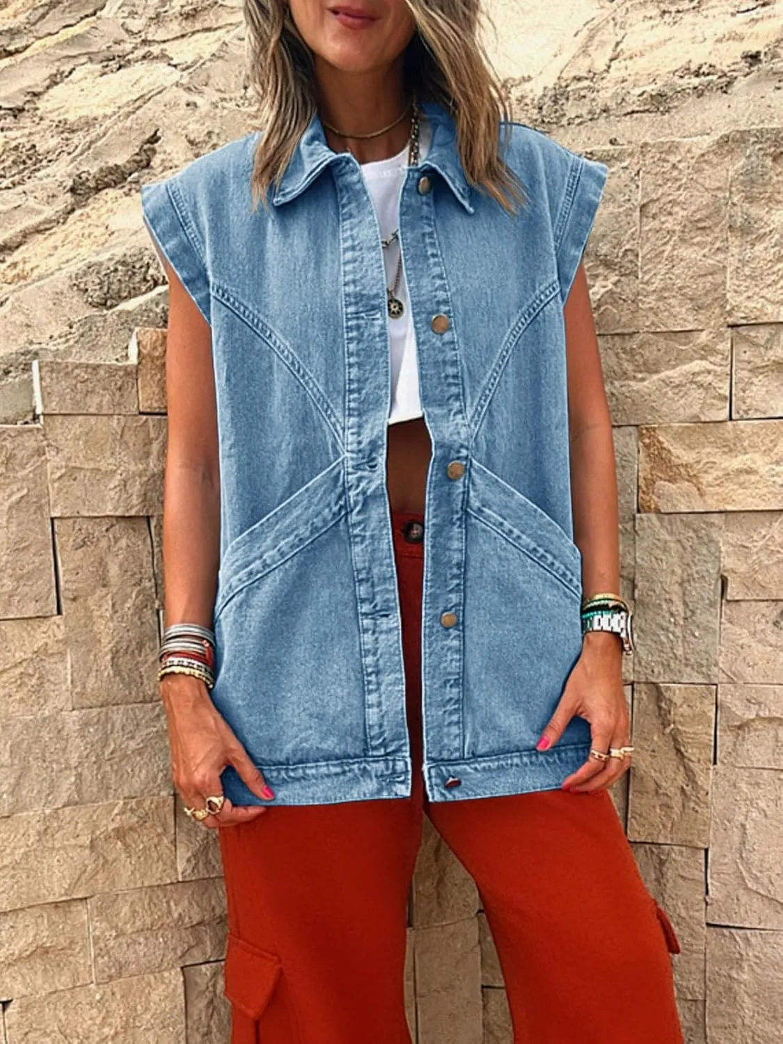 PLNOTME Womens Oversized Sleeveless Denim Vest Classic Button Down Jean Vest Casual Utility Lapel Jean Jacket