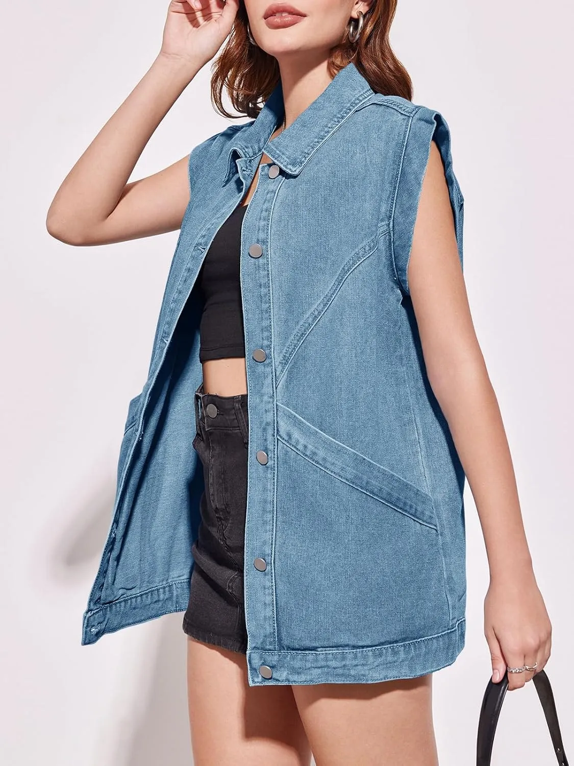 PLNOTME Womens Oversized Sleeveless Denim Vest Classic Button Down Jean Vest Casual Utility Lapel Jean Jacket