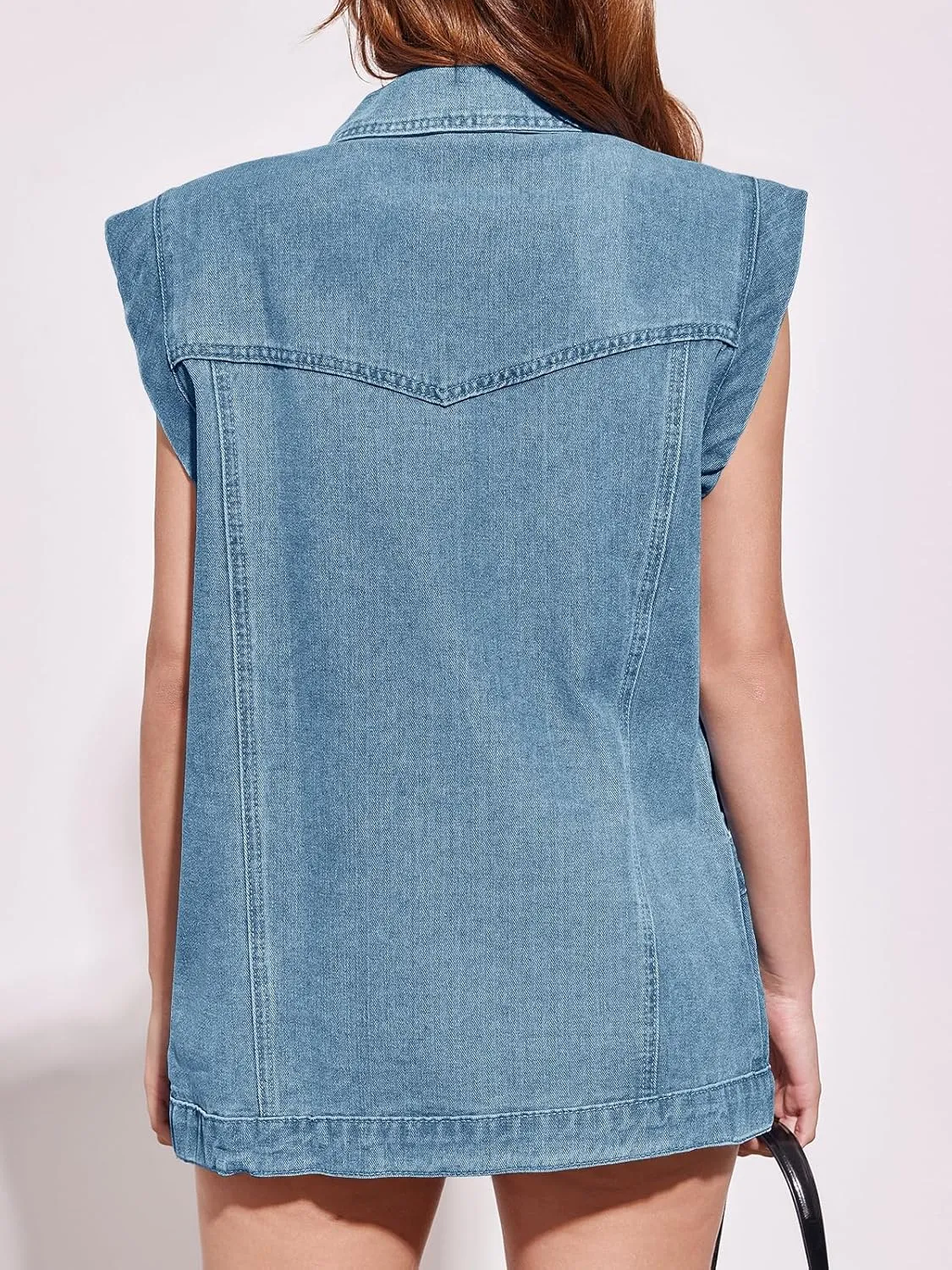 PLNOTME Womens Oversized Sleeveless Denim Vest Classic Button Down Jean Vest Casual Utility Lapel Jean Jacket