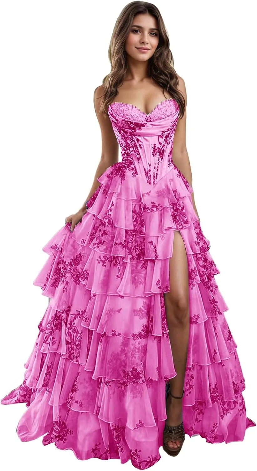 Prom Dresses Long for Women with Slit Tiered Skirt Ruffles A-Line Sweetheart Formal Evening Ball Gown