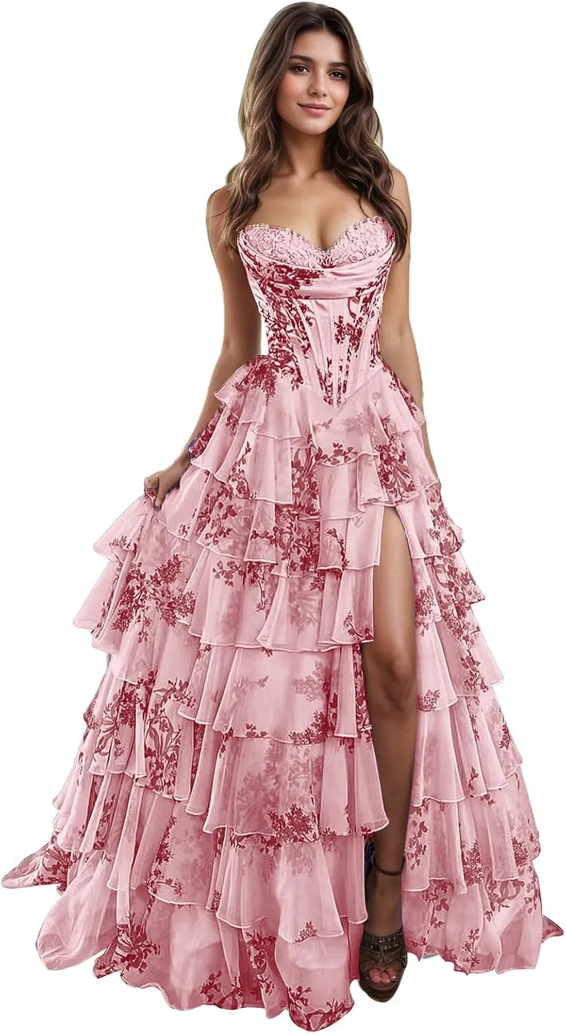 Prom Dresses Long for Women with Slit Tiered Skirt Ruffles A-Line Sweetheart Formal Evening Ball Gown
