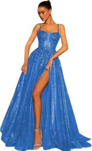 Prom Dresses Long for Women with Slit Tiered Skirt Ruffles A-Line Sweetheart Formal Evening Ball Gown