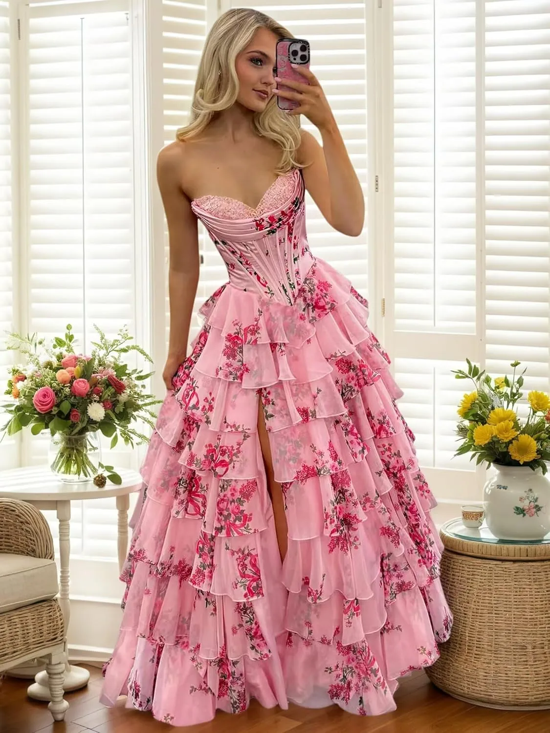 Prom Dresses Long for Women with Slit Tiered Skirt Ruffles A-Line Sweetheart Formal Evening Ball Gown