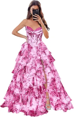 Prom Dresses Long for Women with Slit Tiered Skirt Ruffles A-Line Sweetheart Formal Evening Ball Gown