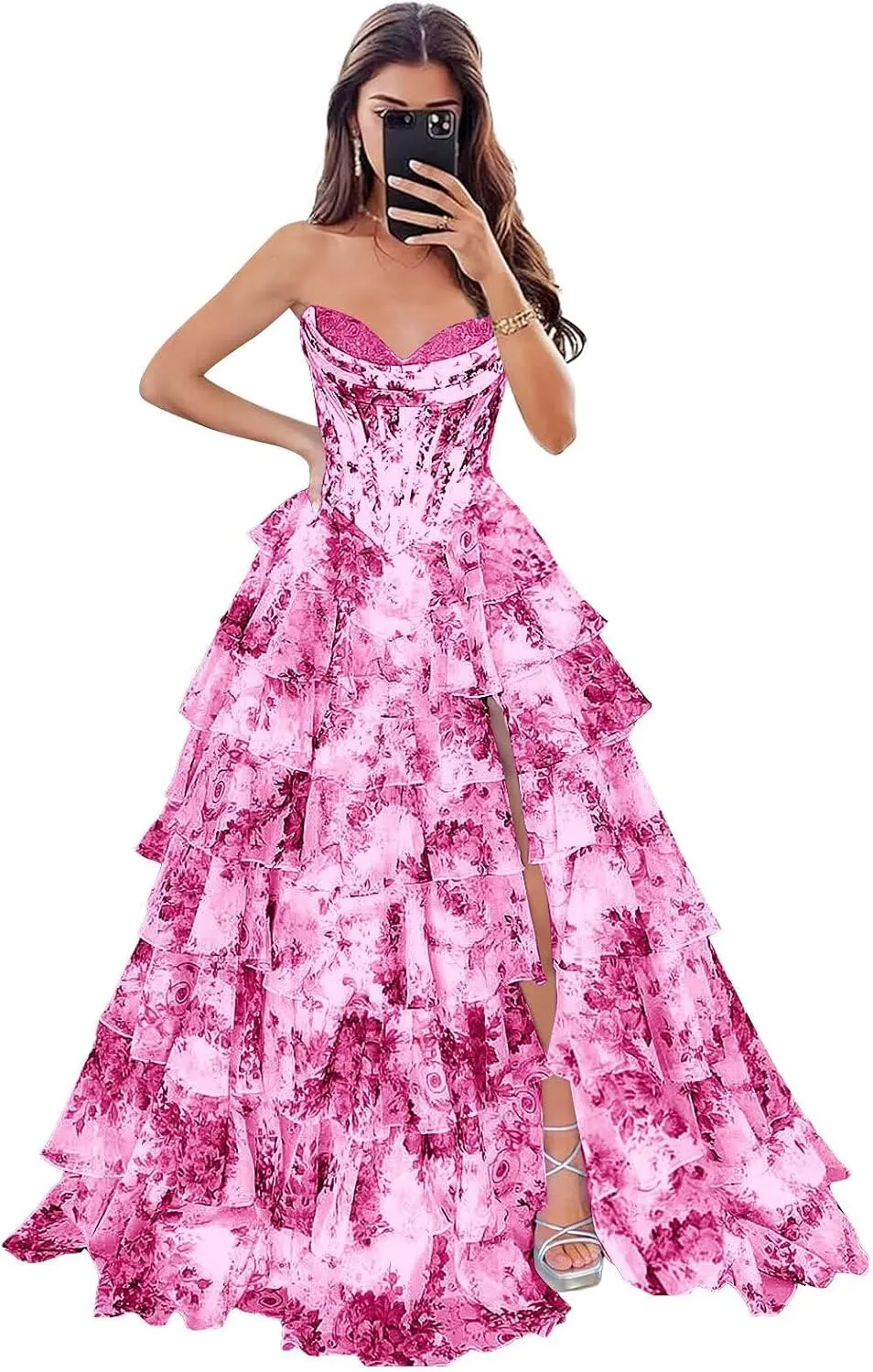 Prom Dresses Long for Women with Slit Tiered Skirt Ruffles A-Line Sweetheart Formal Evening Ball Gown