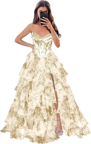 Prom Dresses Long for Women with Slit Tiered Skirt Ruffles A-Line Sweetheart Formal Evening Ball Gown