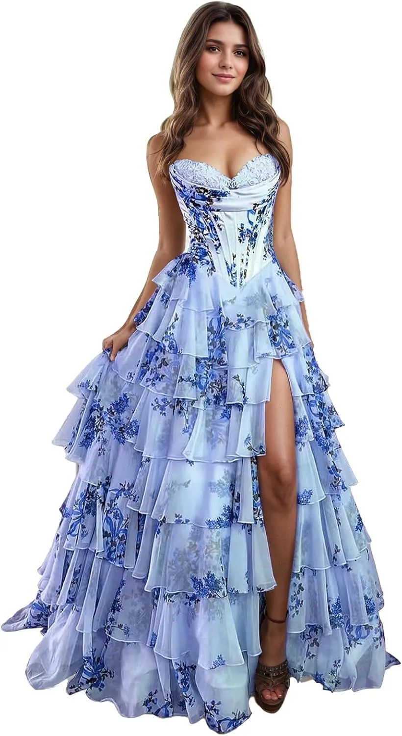 Prom Dresses Long for Women with Slit Tiered Skirt Ruffles A-Line Sweetheart Formal Evening Ball Gown