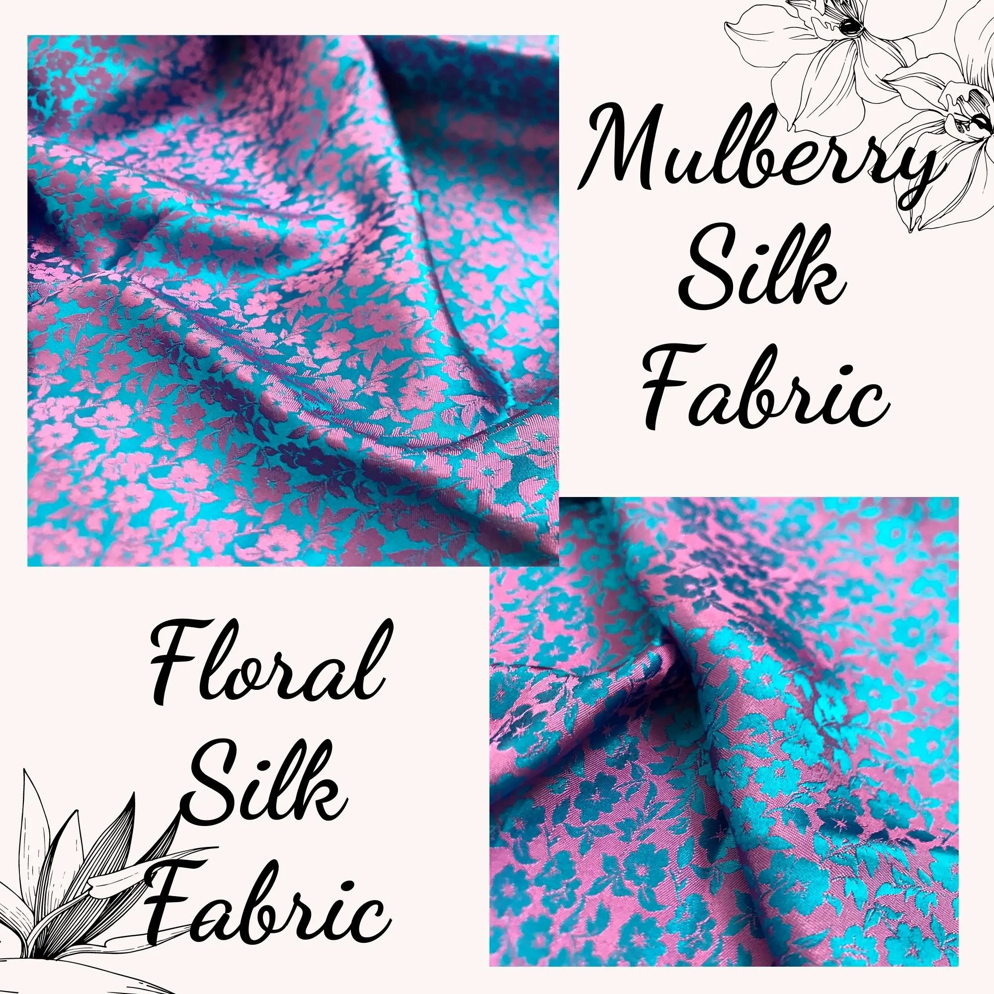 PURE MULBERRY SILK fabric by the yard - Pink floral silk - Blue silk fabric - Handmade fabric – Dress making – Silk for sewing - Gift for women