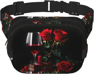 Red Rose and Wine Romantic Lovers Decor print Womens Fanny Pack Everyday Hip Pouch Waist Bag for Travel Outdoor Running Hunting for Adult