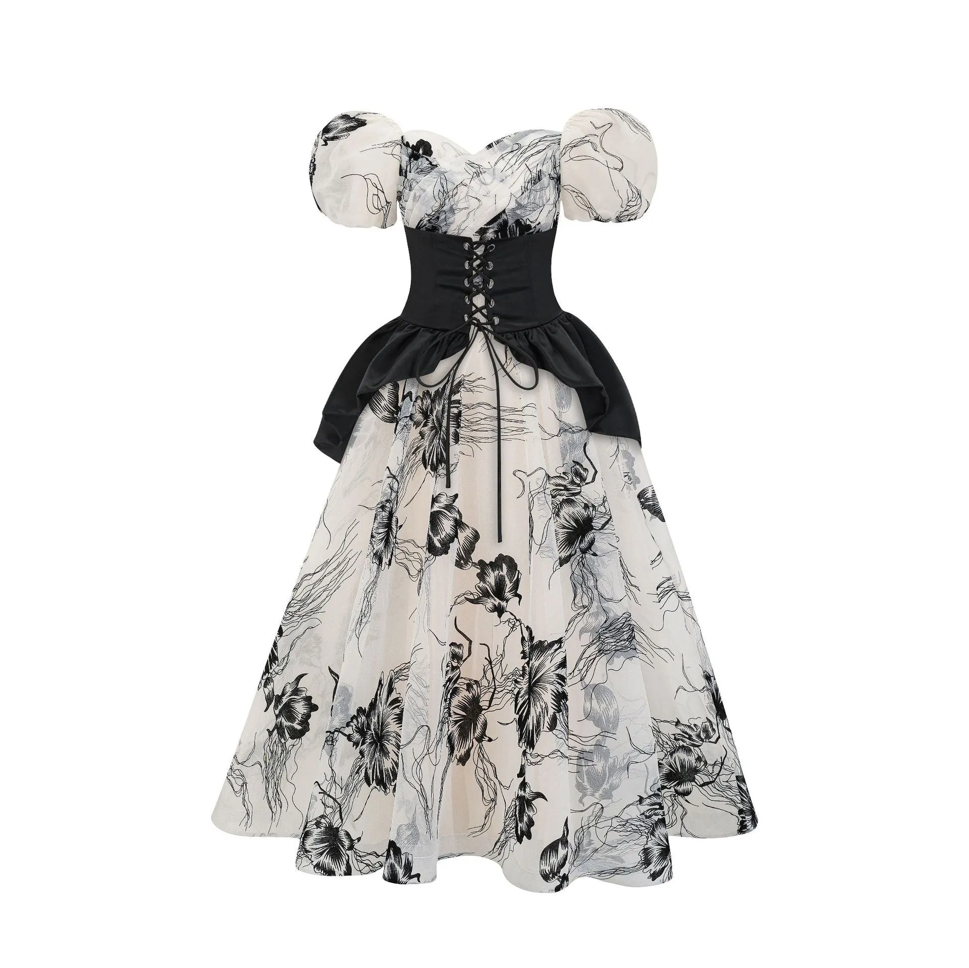 Retro Puffy Sleeve Sweetheart Floral Organza Two-piece Prom Dress