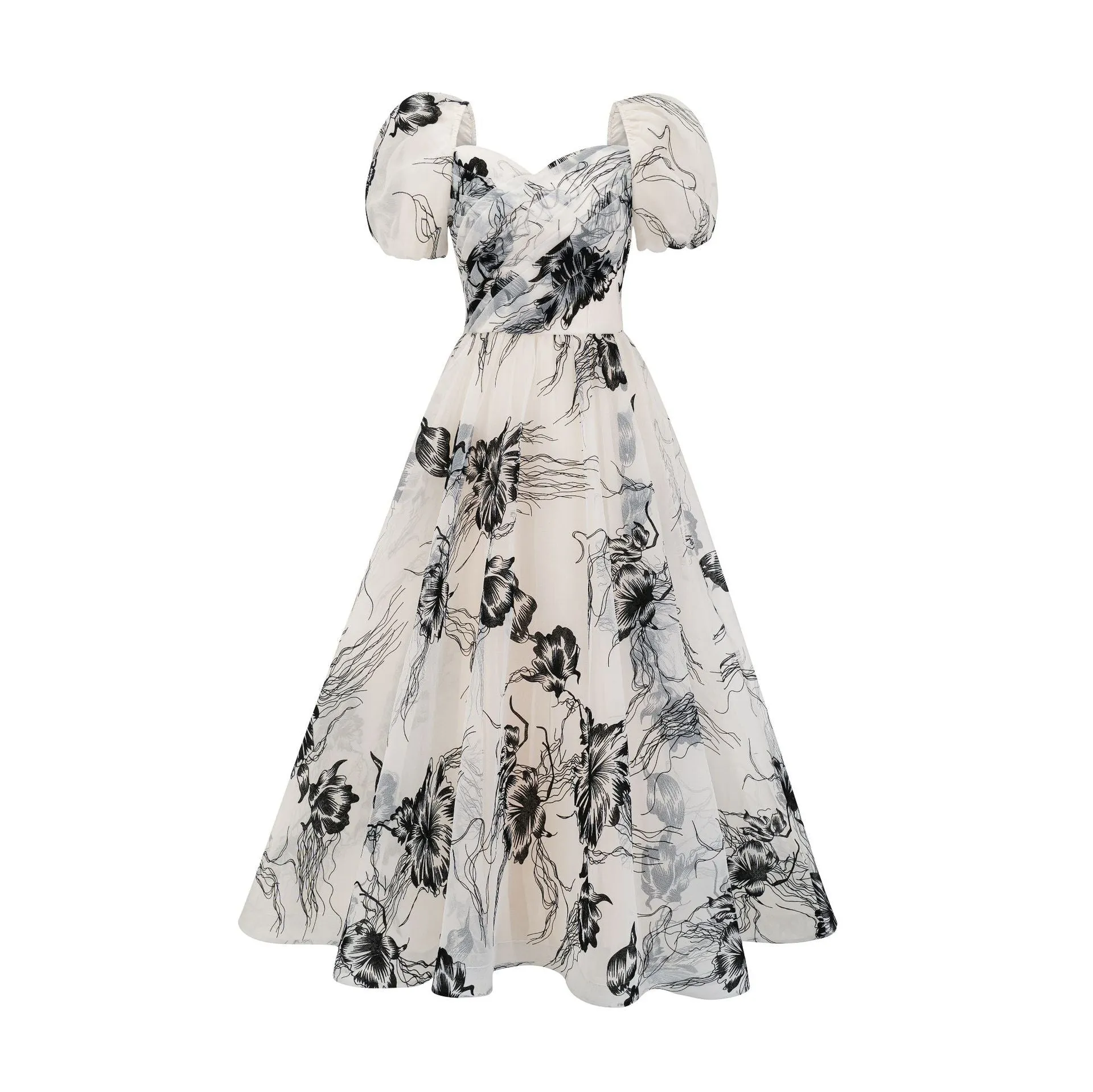 Retro Puffy Sleeve Sweetheart Floral Organza Two-piece Prom Dress
