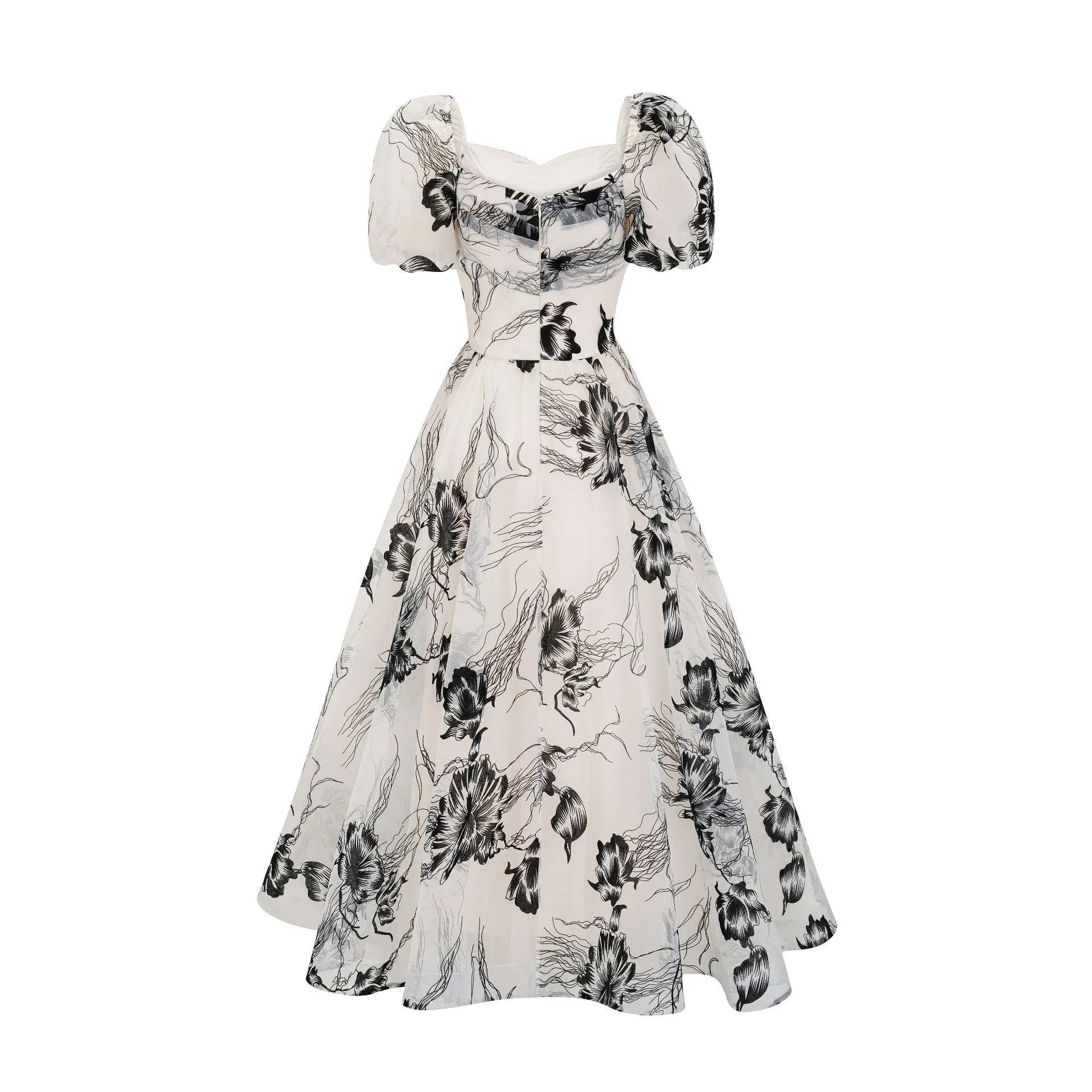 Retro Puffy Sleeve Sweetheart Floral Organza Two-piece Prom Dress