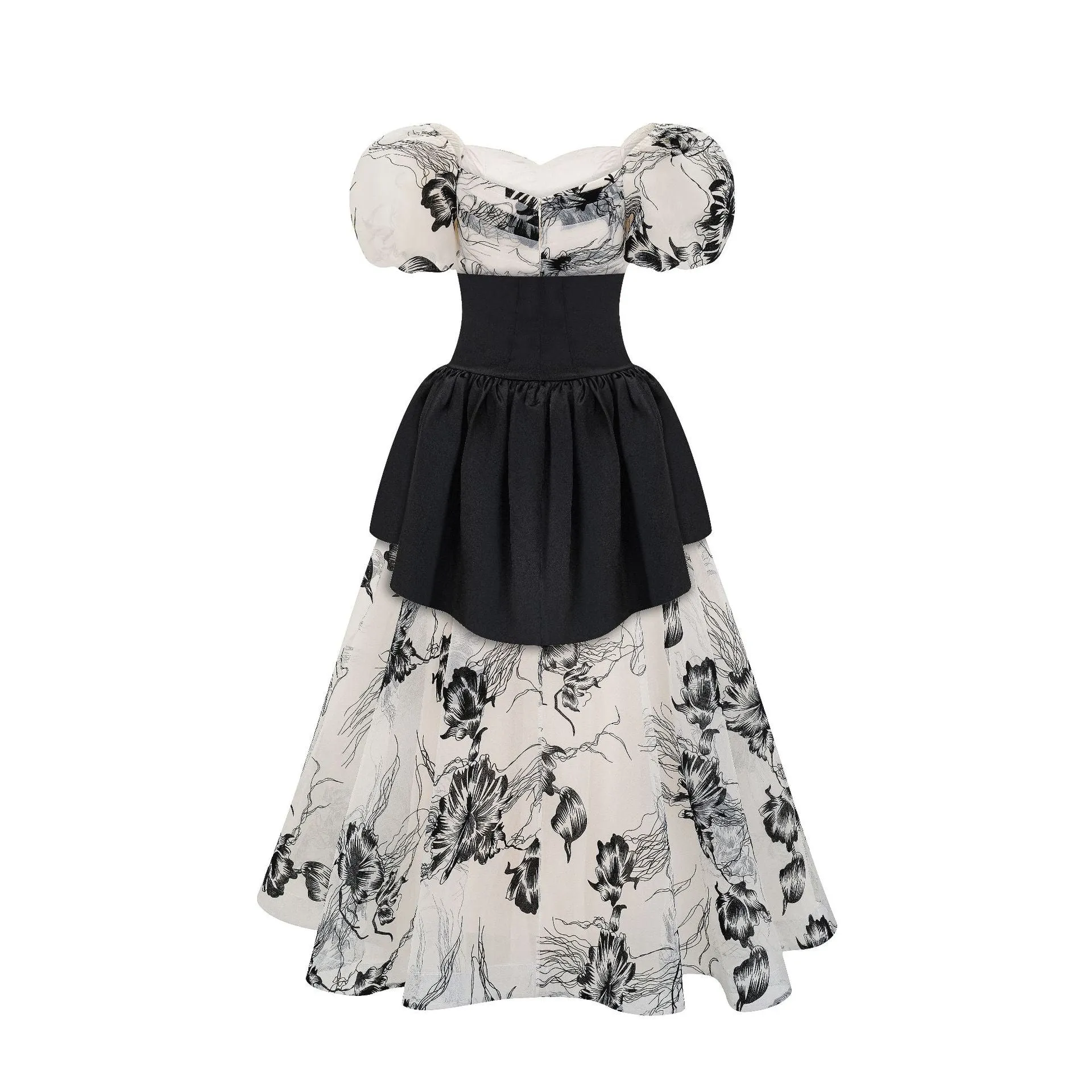 Retro Puffy Sleeve Sweetheart Floral Organza Two-piece Prom Dress