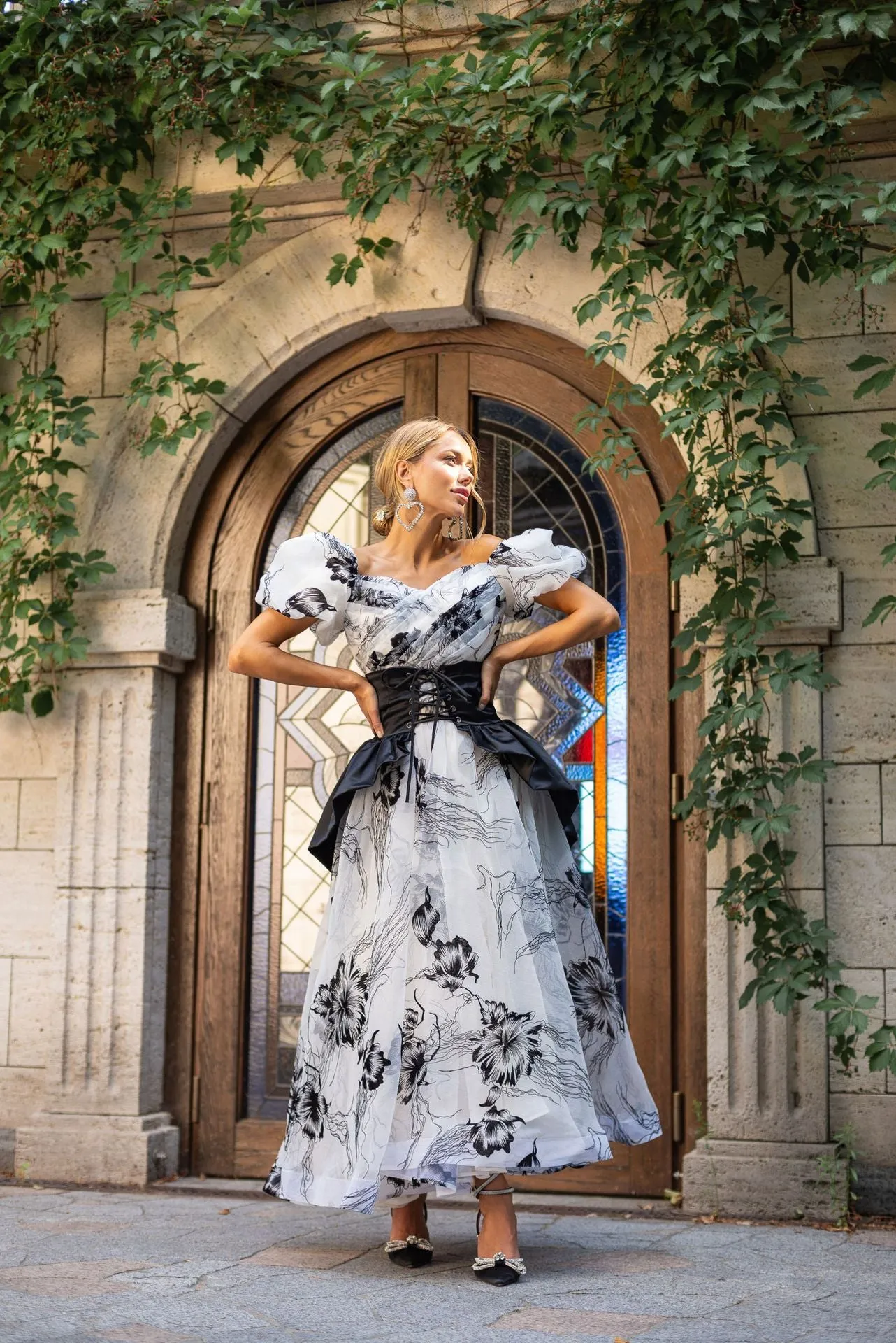 Retro Puffy Sleeve Sweetheart Floral Organza Two-piece Prom Dress
