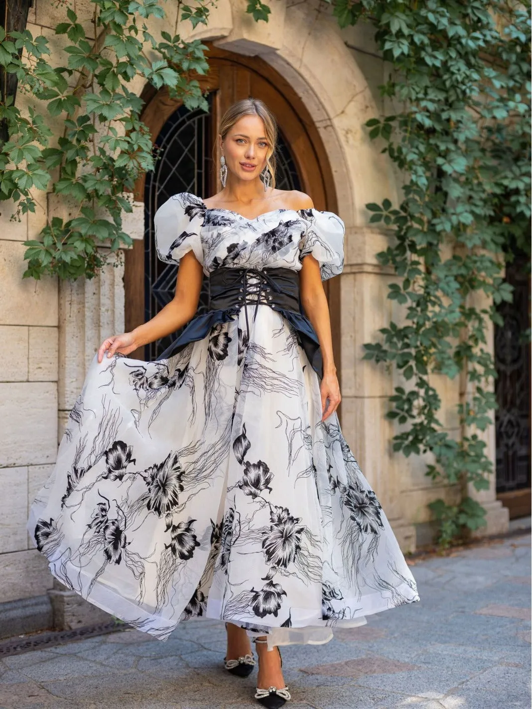 Retro Puffy Sleeve Sweetheart Floral Organza Two-piece Prom Dress