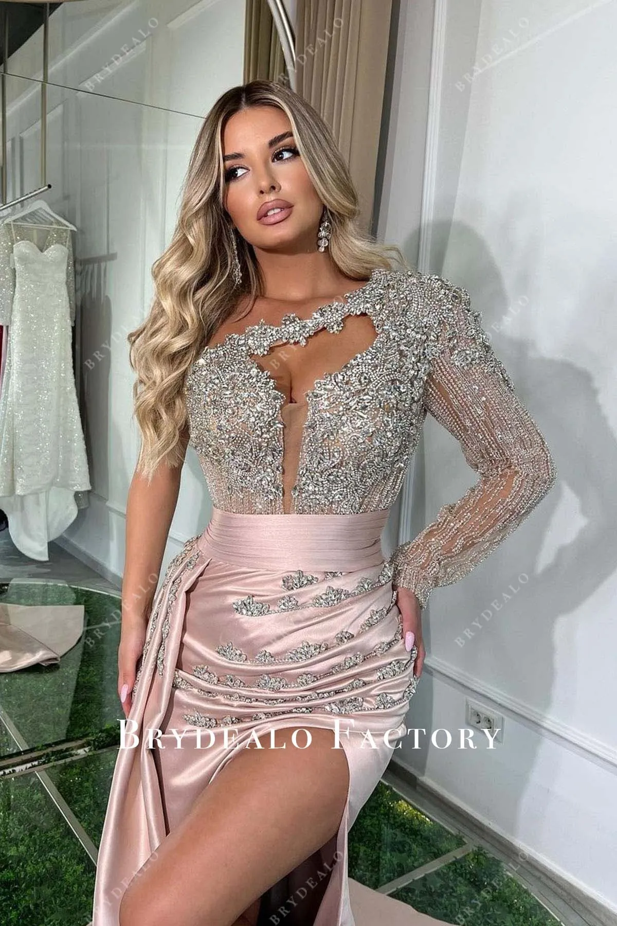 Rhinestones One Sleeve Pink Satin Slit Prom Dress