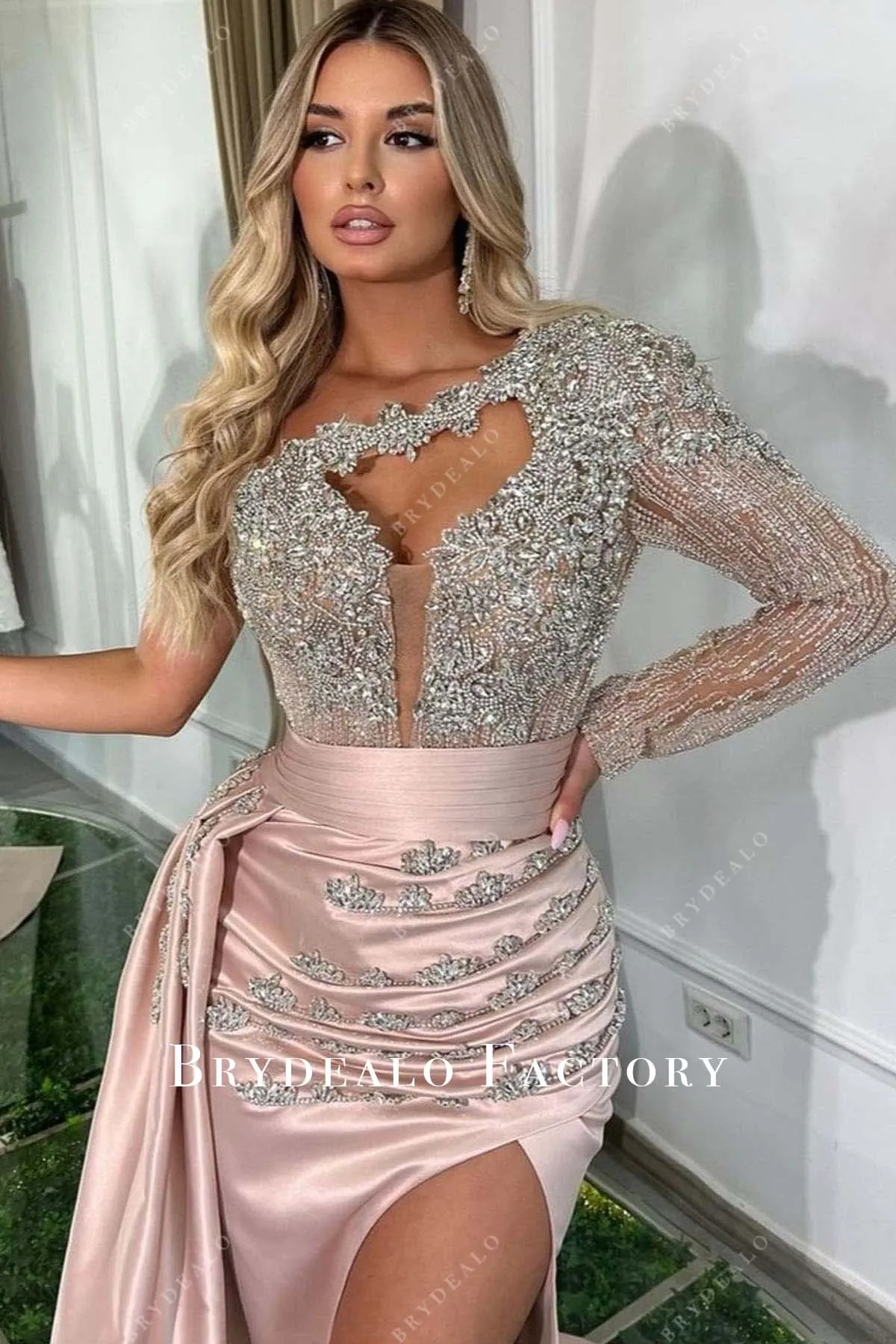 Rhinestones One Sleeve Pink Satin Slit Prom Dress