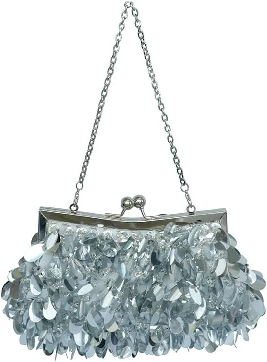 Romantic Design Women Sparkly Silver Sequin Purse Beaded Evening Handbag Crossbody Bag for Party Prom Banquet