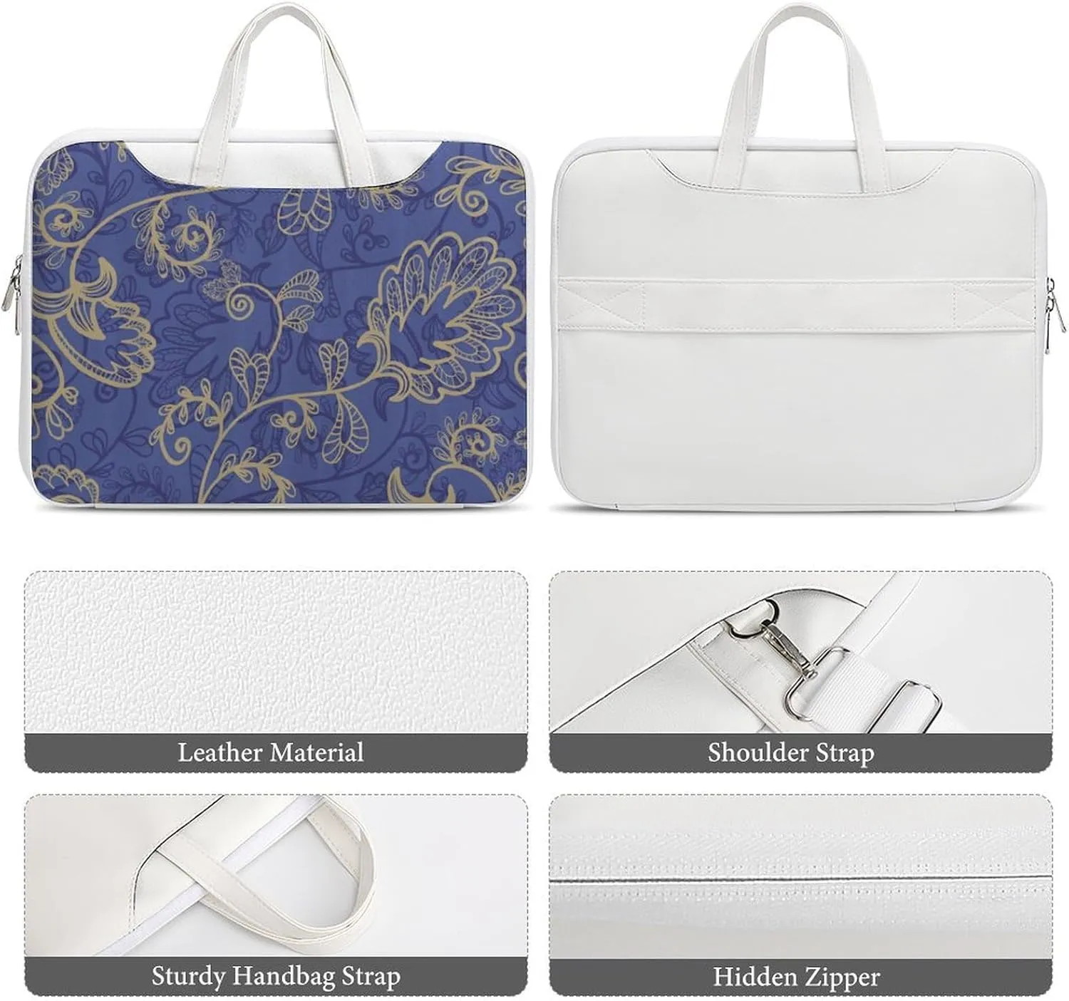 Romantic Flora Leaves Ornate Petals Leather Bag Laptop Case Slim Water Resistant Computer Bags with Handle Briefcase for Work