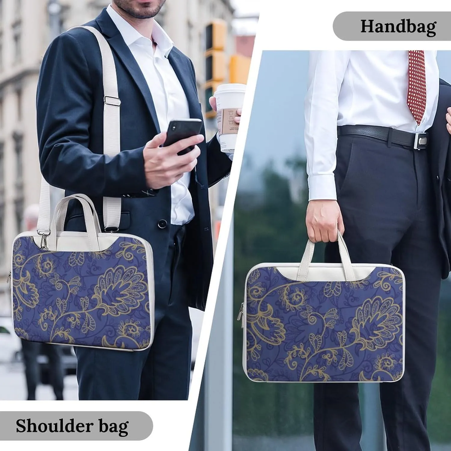 Romantic Flora Leaves Ornate Petals Leather Bag Laptop Case Slim Water Resistant Computer Bags with Handle Briefcase for Work