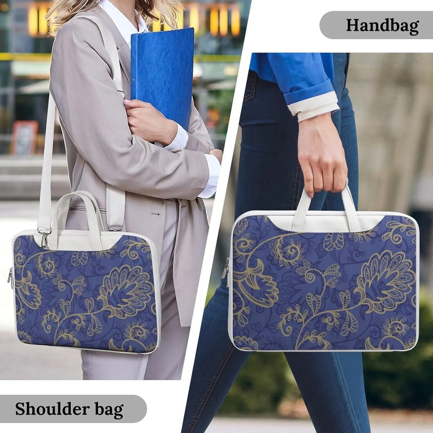 Romantic Flora Leaves Ornate Petals Leather Bag Laptop Case Slim Water Resistant Computer Bags with Handle Briefcase for Work