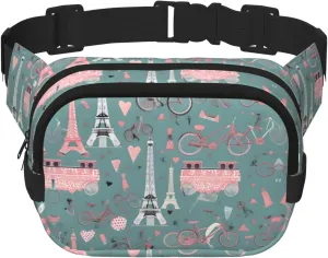 Romantic Paris Eiffel Tower Bycicle print Womens Fanny Pack Everyday Hip Pouch Waist Bag for Travel Outdoor Running Hunting for Adult