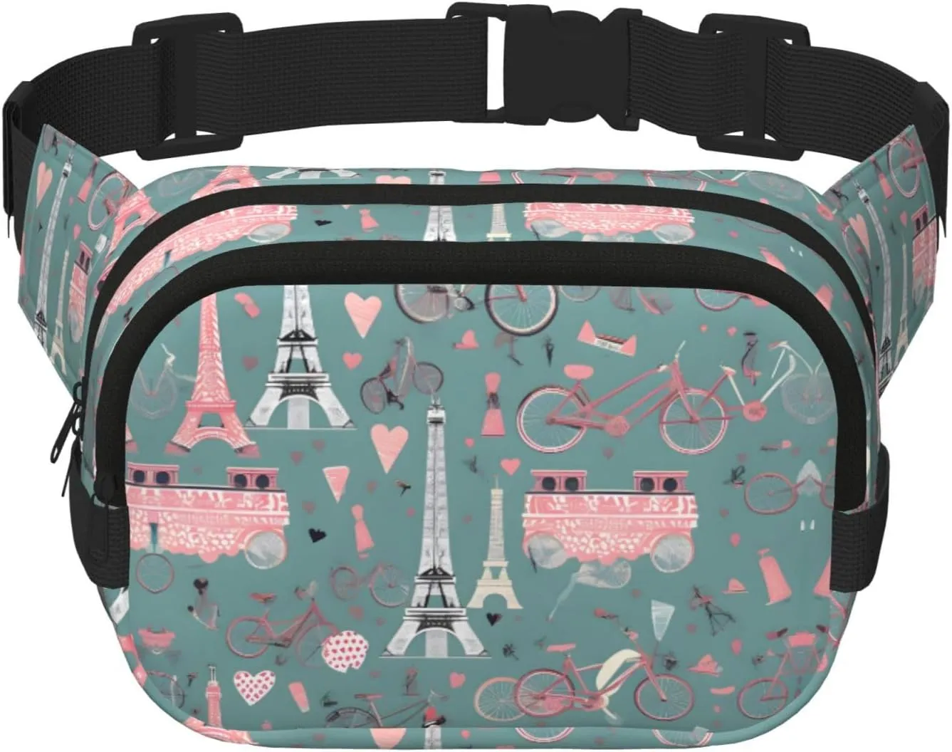 Romantic Paris Eiffel Tower Bycicle print Womens Fanny Pack Everyday Hip Pouch Waist Bag for Travel Outdoor Running Hunting for Adult