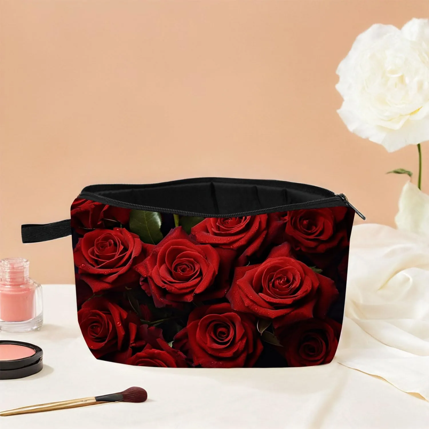 Rose Floral Cosmetic Bag Elegant Printed Makeup Organizer Romantic Travel & Daily Essentials Pouch Valentine's Gift Idea